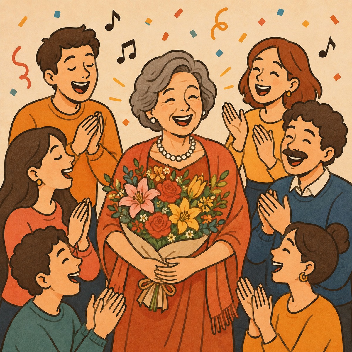 생일날 꽃다발을 든 엄마 곁에 모인 가족